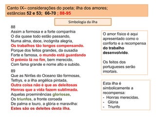 Canto IX– considerações do poeta; ilha dos amores;
estâncias 52 e 53; 66-70 ; 88-95
88
Assim a formosa e a forte companhia
O dia quase todo estão passando,
Numa alma, doce, incógnita alegria,
Os trabalhos tão longos compensando.
Porque dos feitos grandes, da ousadia
Forte e famosa, o mundo está guardando
O prémio lá no fim, bem merecido,
Com fama grande e nome alto e subido.
89
Que as Ninfas do Oceano tão formosas,
Tethys, e a ilha angélica pintada,
Outra coisa não é que as deleitosas
Honras que a vida fazem sublimada.
Aquelas proeminências gloriosas,
Os triunfos, a fronte coroada
De palma e louro, a glória e maravilha:
Estes são os deleites desta ilha.
O amor físico é aqui
apresentado como o
conforto e a recompensa
do trabalho
desenvolvido.
Os feitos dos
portugueses serão
imortais.
Esta ilha é
simbolicamente a
recompensa:
- Honras merecidas.
- Glória
- Triunfo
Simbologia da ilha
 