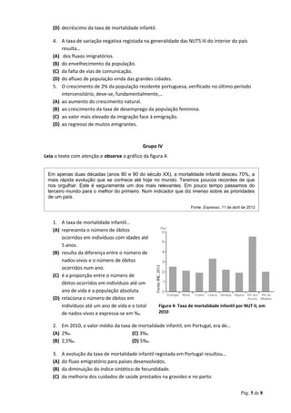(D) decréscimo da taxa de mortalidade infantil.
4. A taxa de variação negativa registada na generalidade das NUTS III do interior do país
resulta…
(A) dos fluxos imigratórios.
(B) do envelhecimento da população.
(C) da falta de vias de comunicação.
(D) do afluxo de população vinda das grandes cidades.
5. O crescimento de 2% da população residente portuguesa, verificado no último período
intercensitário, deve-se, fundamentalmente,…
(A) ao aumento do crescimento natural.
(B) ao crescimento da taxa de desemprego da população feminina.
(C) ao valor mais elevado da imigração face à emigração.
(D) ao regresso de muitos emigrantes.
Grupo IV
Leia o texto com atenção e observe o gráfico da figura 4.
Em apenas duas décadas (anos 80 e 90 do século XX), a mortalidade infantil desceu 70%, a
mais rápida evolução que se conhece até hoje no mundo. Teremos poucos recordes de que
nos orgulhar. Este é seguramente um dos mais relevantes. Em pouco tempo passamos do
terceiro mundo para o melhor do primeiro. Num indicador que diz imenso sobre as prioridades
de um país.
Fonte: Expresso, 11 de abril de 2012
1. A taxa de mortalidade infantil…
(A) representa o número de óbitos
ocorridos em indivíduos com idades até
5 anos.
(B) resulta da diferença entre o número de
nados-vivos e o número de óbitos
ocorridos num ano.
(C) é a proporção entre o número de
óbitos ocorridos em indivíduos até um
ano de vida e a população absoluta.
(D) relaciona o número de óbitos em
indivíduos até um ano de vida e o total
de nados-vivos e expressa-se em ‰.
2. Em 2010, o valor médio da taxa de mortalidade infantil, em Portugal, era de…
(A) 2‰. (C) 3‰.
(B) 2,5‰. (D) 5‰.
3. A evolução da taxa de mortalidade infantil registada em Portugal resultou…
(A) do fluxo emigratório para países desenvolvidos.
(B) da diminuição do índice sintético de fecundidade.
(C) da melhoria dos cuidados de saúde prestados na gravidez e no parto.
Pág. 5 de 8
Figura 4- Taxa de mortalidade infantil por NUT II, em
2010
 