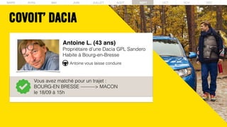 MARS AVRIL MAI JUIN JUILLET AOUT SEPT OCT NOV DECMARS AVRIL MAI JUIN JUILLET AOUT SEPT OCT NOV DEC
COVOIT’ DACIA
Antoine L. (43 ans)
Propriétaire d’une Dacia GPL Sandero
Habite à Bourg-en-Bresse
Vous avez matché pour un trajet :
BOURG-EN BRESSE ———> MACON
le 18/09 à 15h
Antoine vous laisse conduire
 