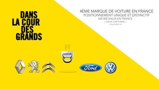 LA COUR
DES
DANS 600 000 DACIA EN FRANCE
4ÈME MARQUE DE VOITURE EN FRANCE
POSITIONNEMENT UNIQUE ET DISTINCTIF
« DACIA CARTONNE »
CHALLENGES.FR
GRANDS
 