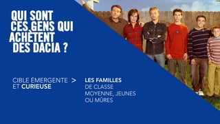 CES GENS QUI
DES DACIA ?
QUI SONT
CIBLE ÉMERGENTE
ACHÈTENT
>
ET CURIEUSE
LES FAMILLES
DE CLASSE
MOYENNE, JEUNES
OU MÛRES
 