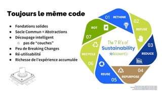 Toujours le même code
● Fondations solides
● Socle Commun = Abstractions
● Découpage intelligent
○ pas de “couches”
● Peu de Breaking Changes
● Ré-utilisabilité
● Richesse de l’expérience accumulée
 