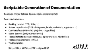 Scriptable Generation of Documentation
Contexte: Minor Release Documentation (incremental)
Sources de données:
● Backlog produit (TFS / JIRa / ...)
● Source repositories ( TFS: changesets, labels, reviewers, approvers, ...)
● Code artefacts (MS Build, proj files, target files)
● Specs Sources (only BDD can do it!)
● Tests artefacts (Execution Results, Specflow files, Attributes )
● Tests environnements (MVs...)
● Text templates
XML -> XSL -> XHTML -> PDF -> signed PDF
 