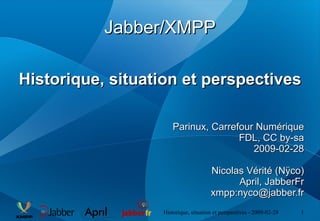Jabber/XMPP Historique, situation et perspectives Parinux, Carrefour Numérique FDL, CC by-sa 2009-02-28 Nicolas Vérité (Nÿco) April, JabberFr xmpp:nyco@jabber.fr 