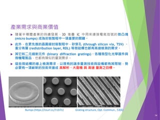  隨著半導體產業的持續發展，3D 堆疊 IC 中用來連接電氣信號的微凸塊
(micro bumps) 成為封裝製程中一項重要的關鍵。
 此外，在更先進的晶圓級封裝製程中，矽穿孔 (through silicon via, TSV) 、
重分佈層 (redistribution layer, RDL) 等微結構也都有高速檢測的需求。
 其它如二元繞射元件 (binary diffraction gratings)、各種微型化光學器件與
微機電製品，也都有類似的量測需求。
 這些微結構的線上檢測需求，以現有的諸多量測技術與設備都有其限制，勢
必要有一項嶄新的技術來達成 高解析、大面積 與 高速 量測之目標。
14
Bumps (https://reurl.cc/71D71) Grating structure, Opt. Commun., 53(6)
產業需求與商業價值
 