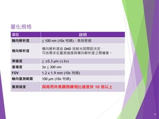 17
量化規格
項目 說明
軸向解析度 ≦ 100 nm (10x 物鏡)，高倍更細
橫向解析度
橫向解析度由 DMD 投射光斑間距決定，
可依需求在量測速度與橫向解析度之間權衡。
準確度 ≦ ±0.3 µm (±3)
重複度 3σ ≦ 300 nm
FOV 1.2 x 1.9 mm (10x 物鏡)
軸向量測範圍 100 µm (10x 物鏡)
量測速度 與商用共焦顯微鏡相比速度快 10 倍以上
 