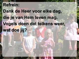Refrein:Dank de Heer voor elke dag,die je van Hem leven mag.Vogels doen dat telkens weer,wat doe jij?