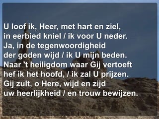 U loof ik, Heer, met hart en ziel,in eerbied kniel / ik voor U neder.Ja, in de tegenwoordigheidder goden wijd / ik U mijn beden.Naar 't heiligdom waar Gij vertoefthef ik het hoofd, / ik zal U prijzen.Gij zult, o Here, wijd en zijduw heerlijkheid / en trouw bewijzen.