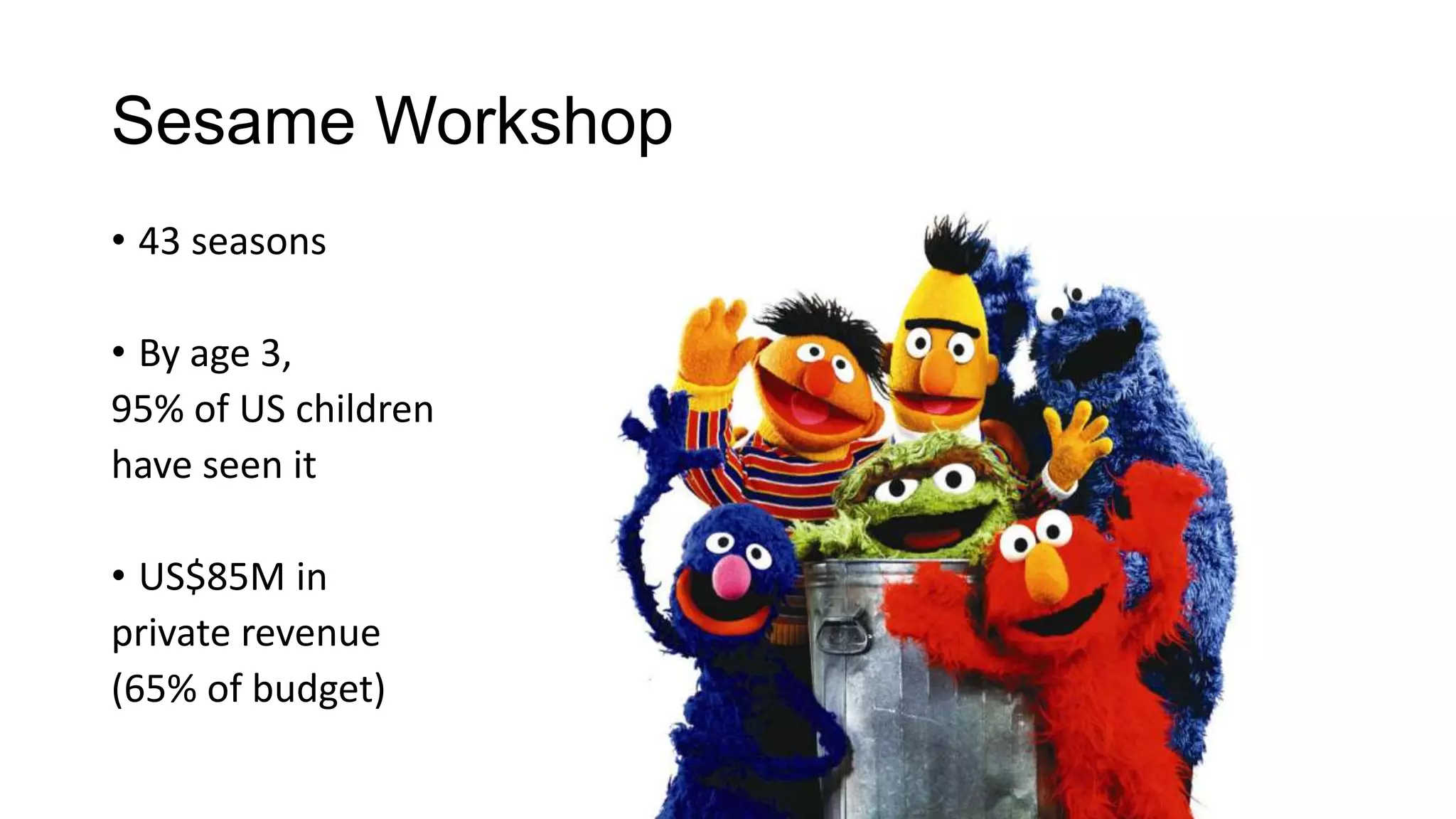 Sesame Workshop
• 43 seasons

• By age 3,
95% of US children
have seen it
• US$85M in
private revenue
(65% of budget)

 