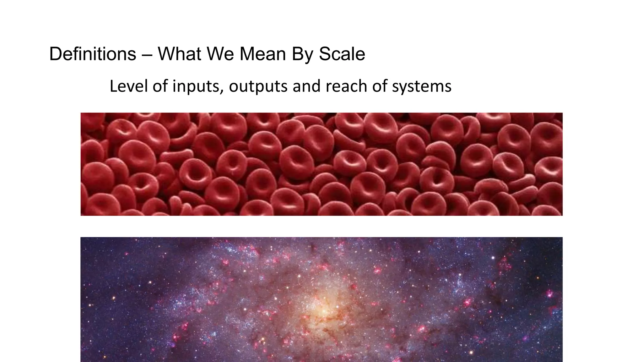 Definitions – What We Mean By Scale
Level of inputs, outputs and reach of systems

 