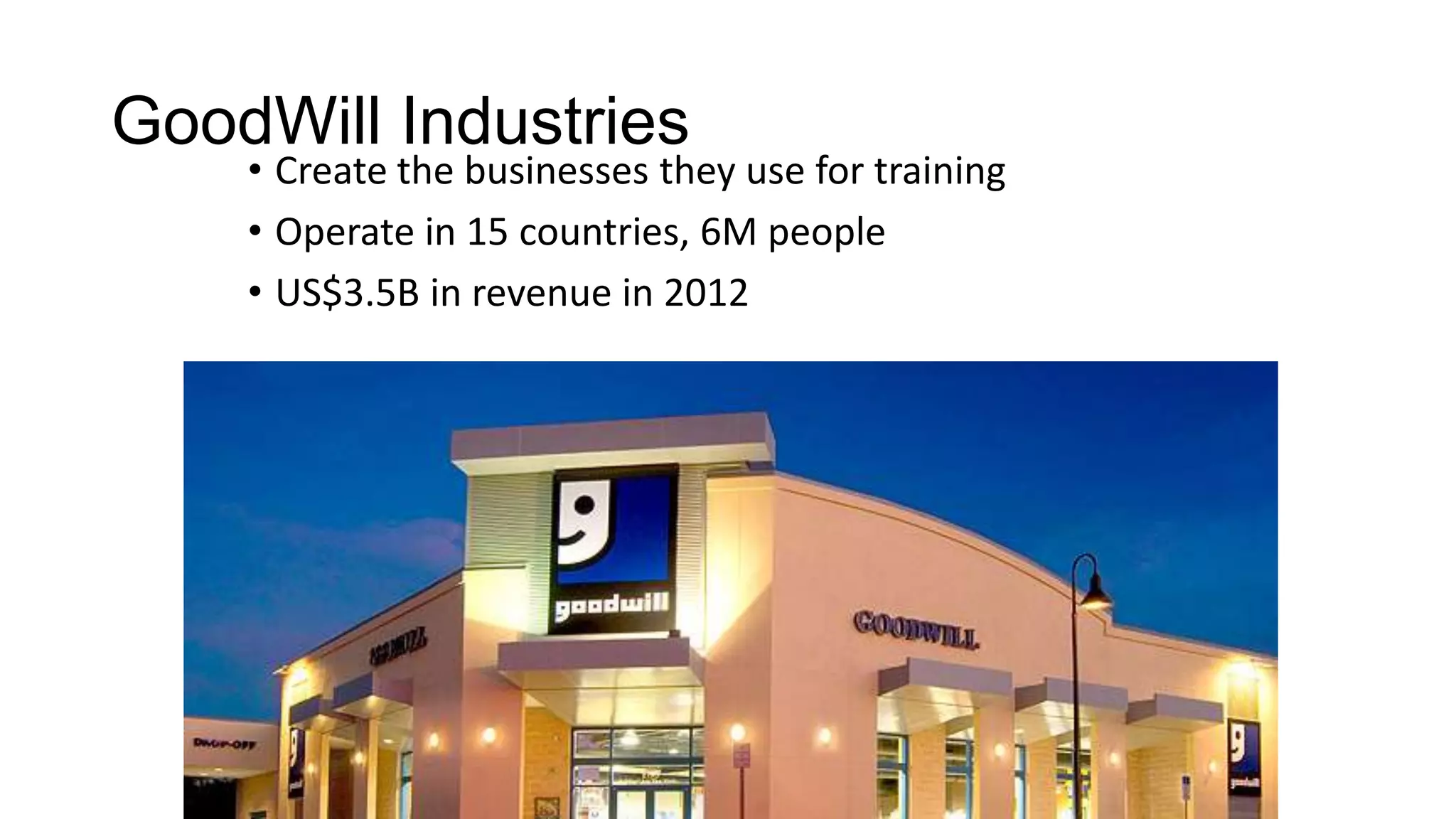 GoodWill Industries

• Create the businesses they use for training
• Operate in 15 countries, 6M people
• US$3.5B in revenue in 2012

 