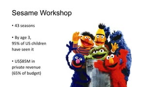 Sesame Workshop
• 43 seasons

• By age 3,
95% of US children
have seen it
• US$85M in
private revenue
(65% of budget)

 
