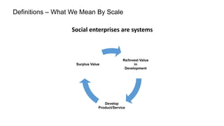 Definitions – What We Mean By Scale
Social enterprises are systems

Surplus Value

Re/Invest Value
in
Development

Develop
Product/Service

 