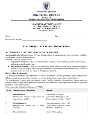 LEARNING ACTIVITY SHEET
SPECIAL PROGRAM IN ICT 10
ADVANCED PROGRAMMING 10
First Quarter, Week 7
Name: ________________________________________ Date: _______________________________
Grade Level / Section: ___________________________
STATEMENTS: DECLARING AND EXECUTING
BACKGROUND INFORMATION FOR LEARNERS
A statement is a complete instruction in Visual Basic programs. It may contain keywords, operators, variables,
literal values, constants and expressions.
Statements could be categorized as −
• Declaration statements − these are the statements where you name a variable, constant, or procedure,
and can also specify a data type.
• Executable statements − these are the statements, which initiate actions. These statements can call a
method or function, loop or branch through blocks of code or assign values or expression to a variable or
constant. In the last case, it is called an Assignment statement.
Declaration Statements
The declaration statements are used to name and define procedures, variables, properties, arrays, and constants.
When you declare a programming element, you can also define its data type, access level, and scope.
The programming elements you may declare include variables, constants, enumerations, classes, structures,
modules, interfaces, procedures, procedure parameters, function returns, external procedure references, operators,
properties, events, and delegates.
Following are the declaration statements in VB.Net −
Sr.No Statements and Description Example
1 Dim Statement
Declares and allocates storage space for
one or more variables.
Dim number As Integer
Dim quantity As Integer = 100
Dim message As String = "Hello!"
2 Const Statement
Declares and defines one or more
constants.
Const maximum As Long = 1000
Const naturalLogBase As Object
= CDec(2.7182818284)
3 Enum Statement Enum CoffeeMugSize