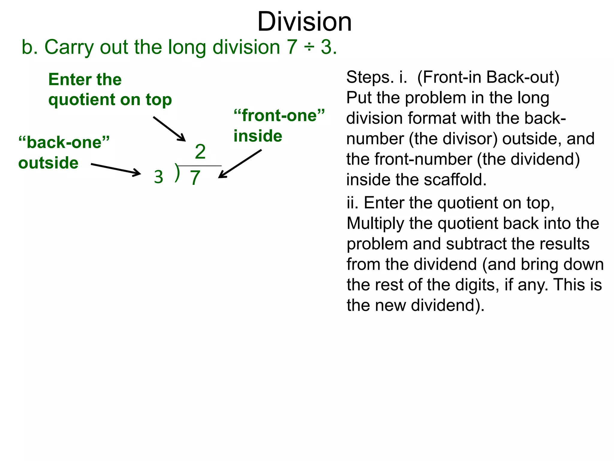 b. Carry out the long division 7 ÷ 3.
ii. Enter the quotient on top,
Multiply the quotient back into the
problem and subtract the results
from the dividend (and bring down
the rest of the digits, if any. This is
the new dividend).
Steps. i. (Front-in Back-out)
Put the problem in the long
division format with the back-
number (the divisor) outside, and
the front-number (the dividend)
inside the scaffold.
“back-one”
outside
)3 7
“front-one”
inside
Division
Enter the
quotient on top
2
 