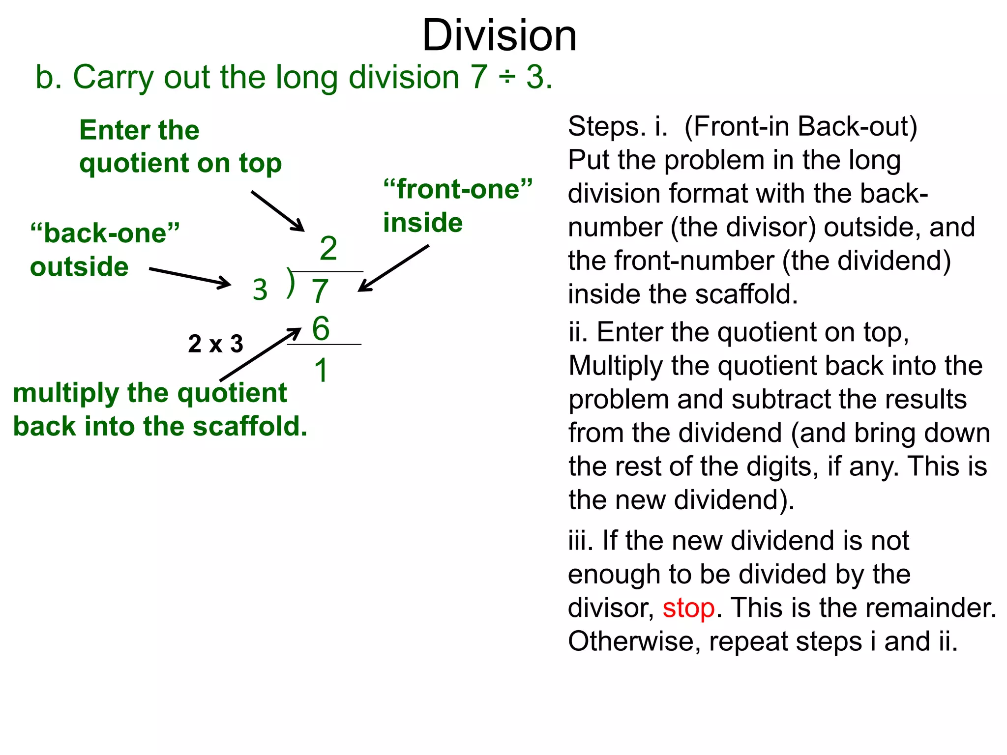 b. Carry out the long division 7 ÷ 3.
ii. Enter the quotient on top,
Multiply the quotient back into the
problem and subtract the results
from the dividend (and bring down
the rest of the digits, if any. This is
the new dividend).
Steps. i. (Front-in Back-out)
Put the problem in the long
division format with the back-
number (the divisor) outside, and
the front-number (the dividend)
inside the scaffold.
“back-one”
outside
)3 7
“front-one”
inside
Enter the
quotient on top
2
iii. If the new dividend is not
enough to be divided by the
divisor, stop. This is the remainder.
Otherwise, repeat steps i and ii.
multiply the quotient
back into the scaffold.
62 x 3
1
Division
 