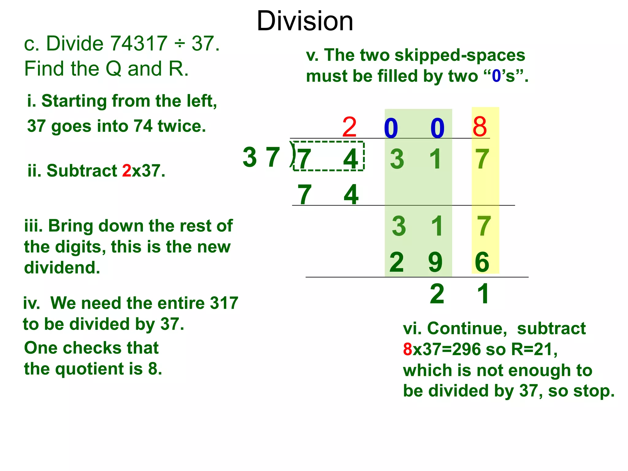 Division
)3 7 7 4 3 1 7
i. Starting from the left,
37 goes into 74 twice.
ii. Subtract 2x37.
3 1 7iii. Bring down the rest of
the digits, this is the new
dividend.
vi. Continue, subtract
8x37=296 so R=21,
which is not enough to
be divided by 37, so stop.
2
c. Divide 74317 ÷ 37.
Find the Q and R.
iv. We need the entire 317
to be divided by 37.
v. The two skipped-spaces
must be filled by two “0’s”.
7 4
80 0
2 9 6
2 1
One checks that
the quotient is 8.
 