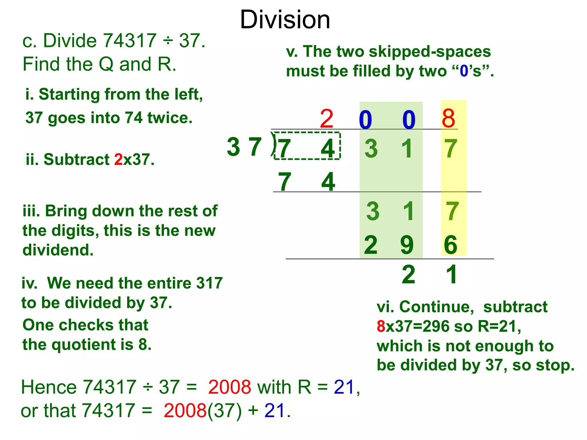 Division
)3 7 7 4 3 1 7
i. Starting from the left,
37 goes into 74 twice.
ii. Subtract 2x37.
3 1 7iii. Bring down the rest of
the digits, this is the new
dividend.
vi. Continue, subtract
8x37=296 so R=21,
which is not enough to
be divided by 37, so stop.
2
Hence 74317 ÷ 37 = 2008 with R = 21,
or that 74317 = 2008(37) + 21.
c. Divide 74317 ÷ 37.
Find the Q and R.
iv. We need the entire 317
to be divided by 37.
v. The two skipped-spaces
must be filled by two “0’s”.
7 4
80 0
2 9 6
2 1
One checks that
the quotient is 8.
 