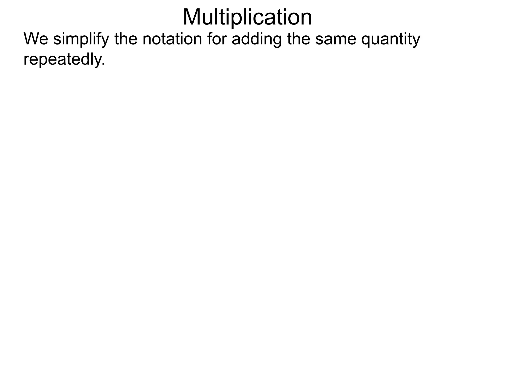 We simplify the notation for adding the same quantity
repeatedly.
Multiplication
 