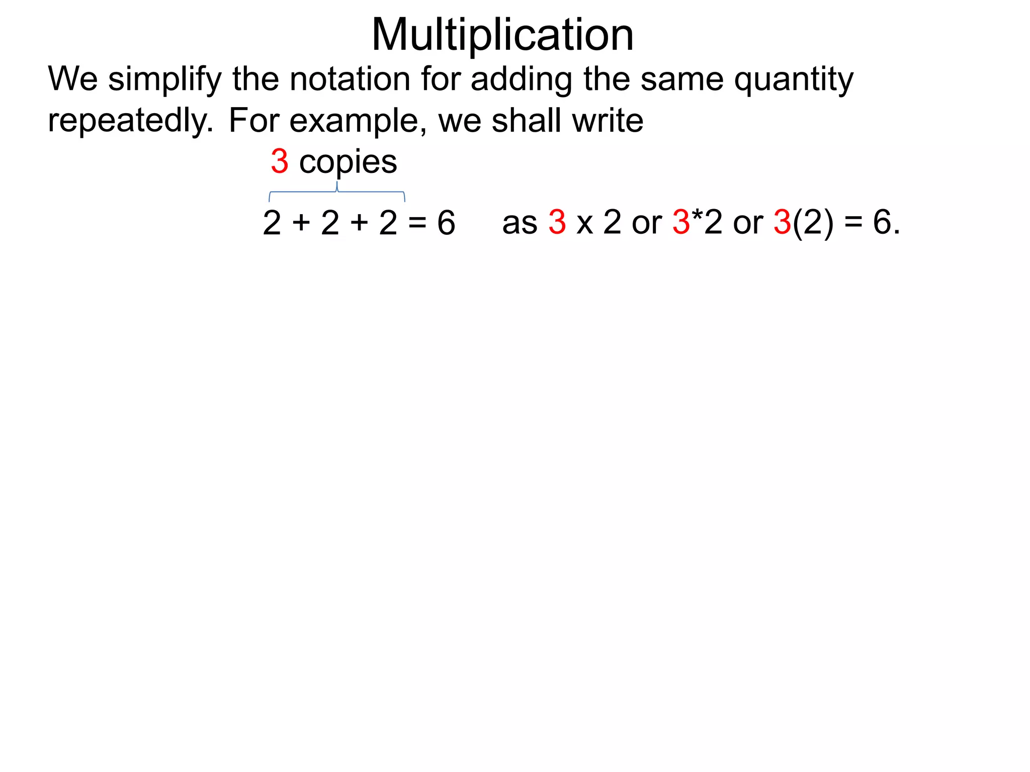 We simplify the notation for adding the same quantity
repeatedly.
2 + 2 + 2 = 6
3 copies
as 3 x 2 or 3*2 or 3(2) = 6.
For example, we shall write
Multiplication
 