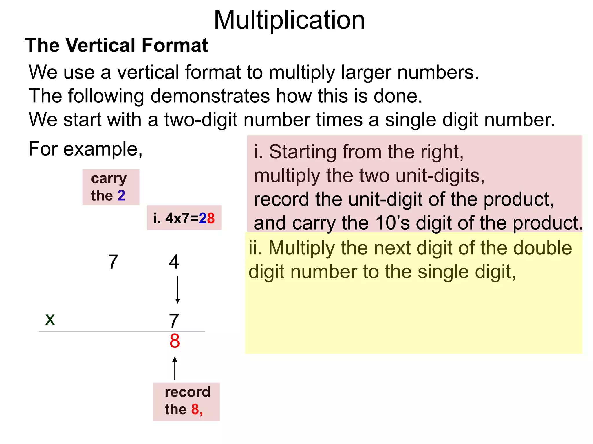 The Vertical Format
47
i. Starting from the right,
multiply the two unit-digits,
ii. Multiply the next digit of the double
digit number to the single digit,
7x
8
record
the 8,
carry
the 2
For example,
We use a vertical format to multiply larger numbers.
The following demonstrates how this is done.
We start with a two-digit number times a single digit number.
i. 4x7=28
record the unit-digit of the product,
and carry the 10’s digit of the product.
Multiplication
 