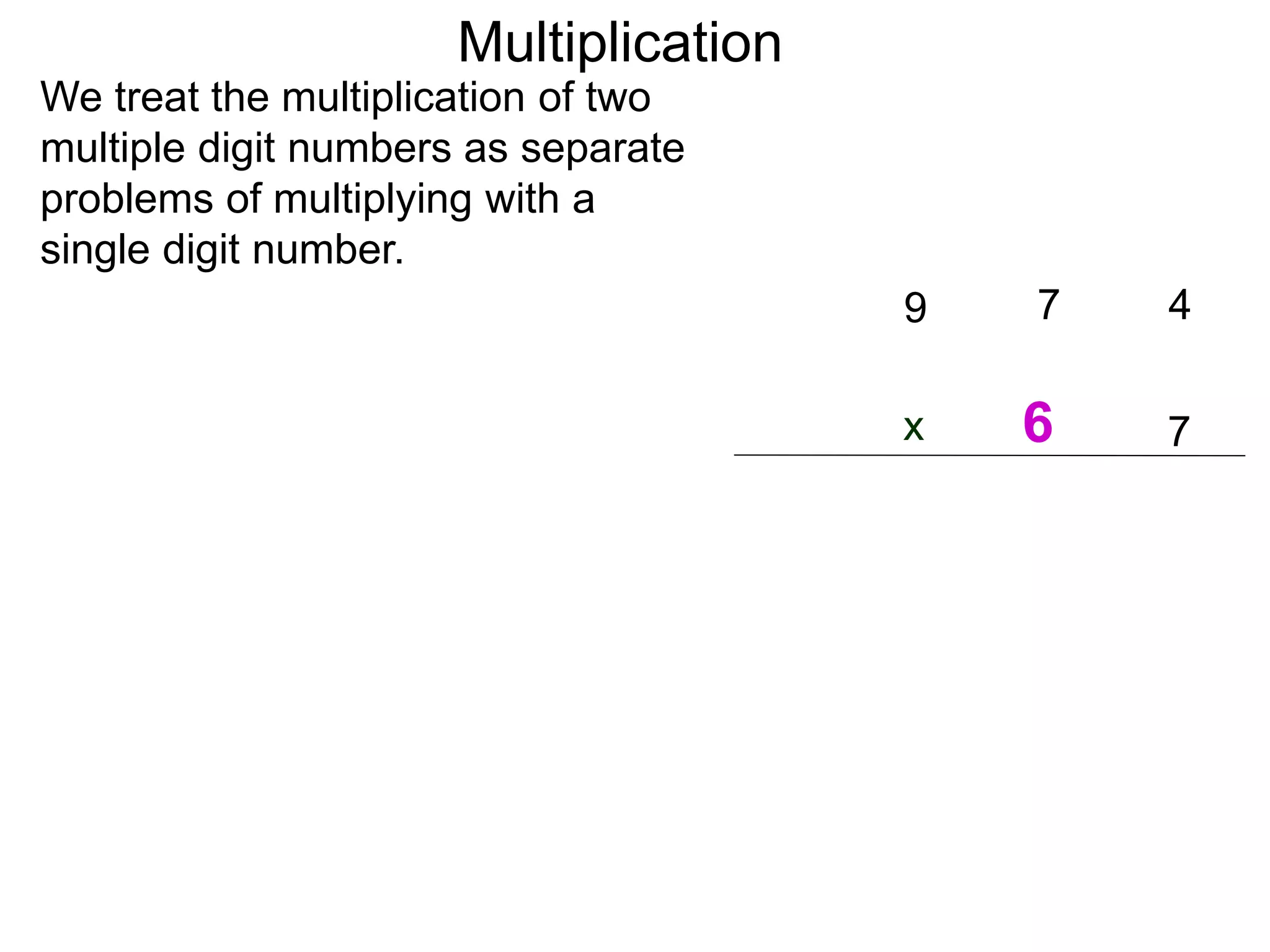 We treat the multiplication of two
multiple digit numbers as separate
problems of multiplying with a
single digit number.
47
7x
9
Multiplication
6
 