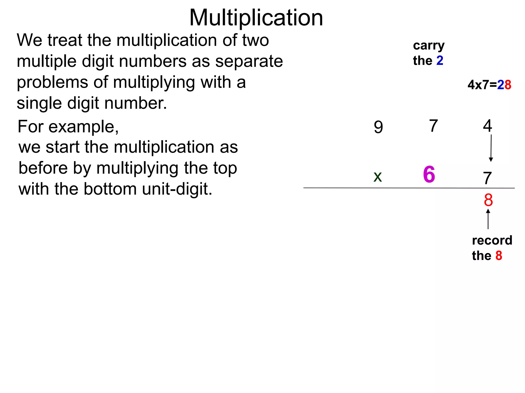 We treat the multiplication of two
multiple digit numbers as separate
problems of multiplying with a
single digit number.
we start the multiplication as
before by multiplying the top
with the bottom unit-digit.
47
7x
8
record
the 8
carry
the 2
4x7=28
9For example,
Multiplication
6
 