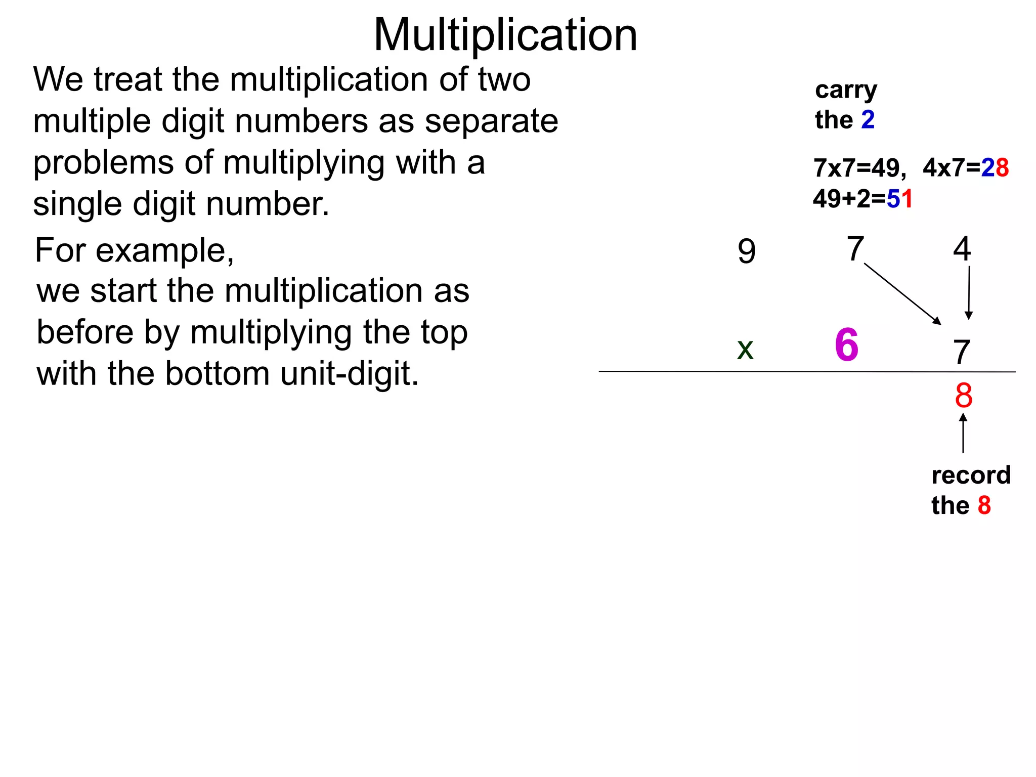 We treat the multiplication of two
multiple digit numbers as separate
problems of multiplying with a
single digit number.
we start the multiplication as
before by multiplying the top
with the bottom unit-digit.
47
7x
8
record
the 8
carry
the 2
4x7=287x7=49,
49+2=51
9For example,
Multiplication
6
 