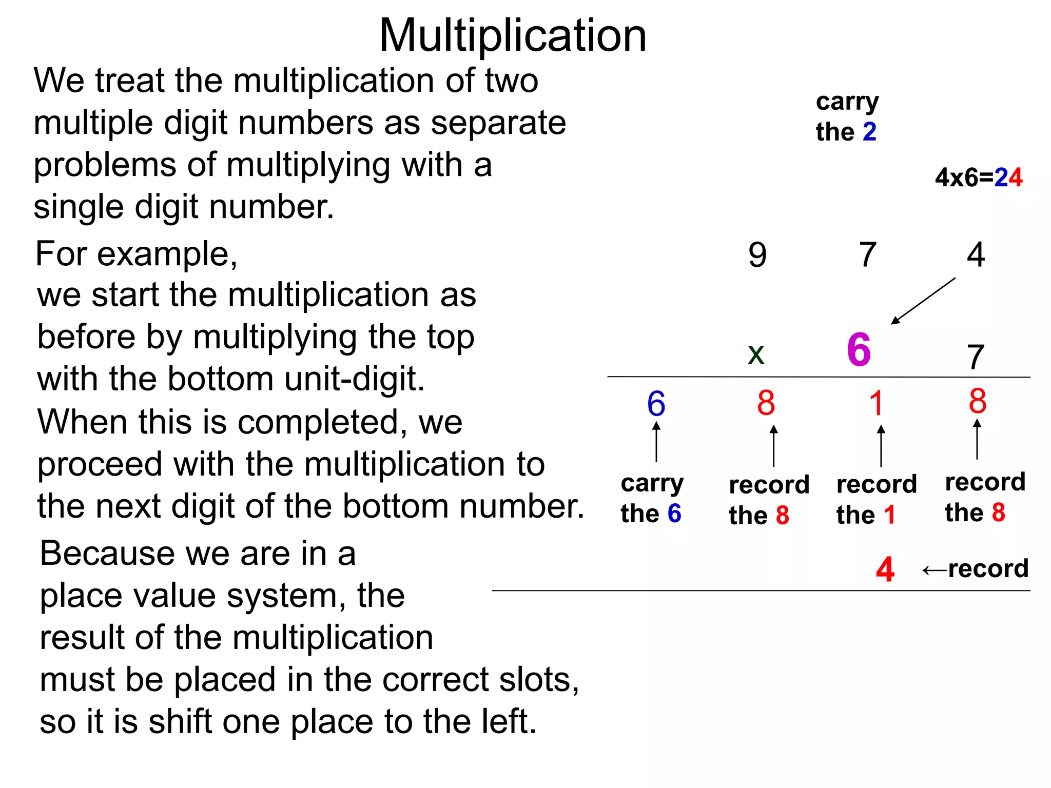 We treat the multiplication of two
multiple digit numbers as separate
problems of multiplying with a
single digit number.
we start the multiplication as
before by multiplying the top
with the bottom unit-digit.
When this is completed, we
proceed with the multiplication to
the next digit of the bottom number.
For example,
Because we are in a
place value system, the
result of the multiplication
must be placed in the correct slots,
so it is shift one place to the left.
47
7
8
record
the 8
4x6=24
1
record
the 1
←record
9
8
record
the 8
carry
the 6
6
6
carry
the 2
4
Multiplication
x
 