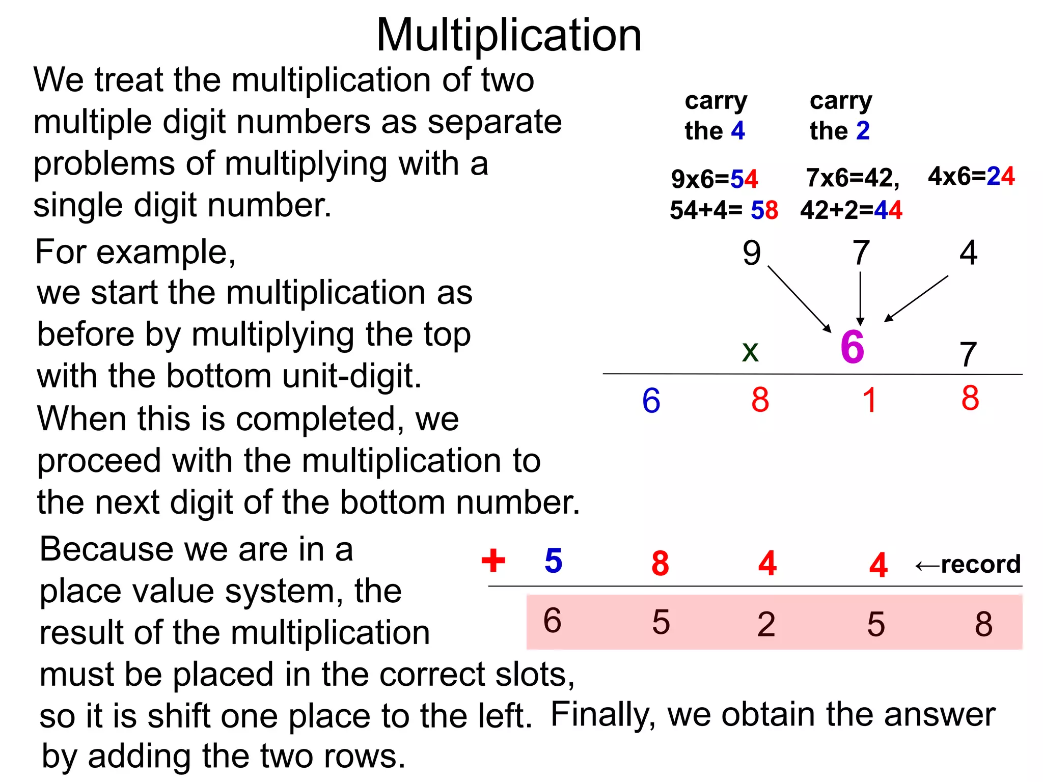 We treat the multiplication of two
multiple digit numbers as separate
problems of multiplying with a
single digit number.
we start the multiplication as
before by multiplying the top
with the bottom unit-digit.
When this is completed, we
proceed with the multiplication to
the next digit of the bottom number.
For example,
Because we are in a
place value system, the
result of the multiplication
must be placed in the correct slots,
so it is shift one place to the left.
47
7
8
carry
the 4
4x6=247x6=42,
1
←record
42+2=44
9
9x6=54
54+4= 58
86
6
carry
the 2
Finally, we obtain the answer
by adding the two rows.
4485
8526 5
Multiplication
+
x
 