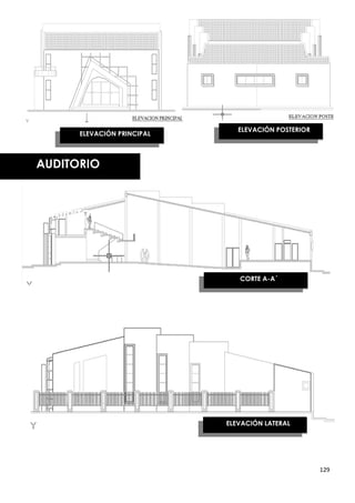 ELEVACIÓN POSTERIOR
      ELEVACIÓN PRINCIPAL



AUDITORIO



  AUDITORIO




                               CORTE A-A´




                            ELEVACIÓN LATERAL




                                                     129
 