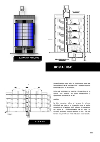 ELEVACION PRINCIPAL




                            HOSTAL H&C




                            Aprendí muchas cosas sobre la Arquitectura, como que
                            la arquitectura es el arte de crear y diseñar espacios
                            habitables para un ser humano.

                            Para que establecer un espacio si la persona no la
                            podría vivir. Ignorar las cosas inadecuadas y
                            aprovechar la función de un ser.

                            Análisis;

                            Es bien comentar sobre el terreno, la primera
                            dificultad que tuve es la circulación como se podía
                            encontrar en el segundo nivel, además el propietario
                            me pedía el aprovechamiento de su finca. La
                            escalera de forma caracol ubicado al nor - este del
                            terreno nos permite una visión más clara asía la calle.



               CORTE B-B´




                                                                                  131
 