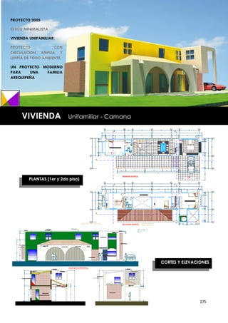 PROYECTO 2005

ESTILO MINIMALISTA

VIVIENDA UNIFAMILIAR

PROYECTO            CON
CIRCULACION AMPLIA Y
LIMPIA DE TODO AMBIENTE,

UN PROYECTO MODERNO
PARA    UNA  FAMILIA
AREQUIPEÑA




     VIVIENDA              Unifamiliar - Camana




        PLANTAS (1er y 2do piso)




                                                  CORTES Y ELEVACIONES




                                                                  175
 