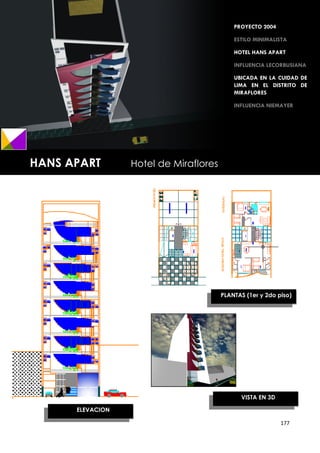 PROYECTO 2004

                                            ESTILO MINIMALISTA

                                            HOTEL HANS APART

                                            INFLUENCIA LECORBUSIANA

                                            UBICADA EN LA CUIDAD DE
                                            LIMA EN EL DISTRITO DE
                                            MIRAFLORES

                                            INFLUENCIA NIEMAYER




HANS APART        Hotel de Miraflores




                                        PLANTAS (1er y 2do piso)




                                              VISTA EN 3D

      ELEVACION

                                                            177
 