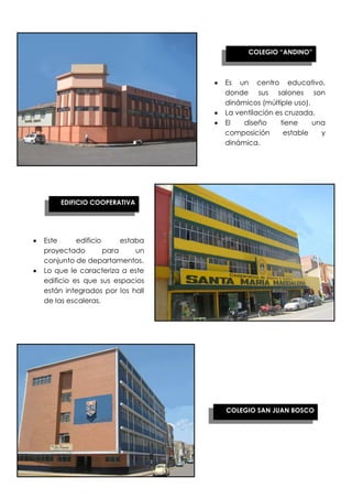 COLEGIO “ANDINO”



                                      Es un centro educativo,
                                      donde sus salones son
                                      dinámicos (múltiple uso).
                                      La ventilación es cruzada.
                                      El   diseño     tiene     una
                                      composición      estable    y
                                      dinámica.




          EDIFICIO COOPERATIVA




     Este      edificio      estaba
     proyectado         para     un
     conjunto de departamentos.
     Lo que le caracteriza a este
                                                 .
     edificio es que sus espacios
     están integrados por los hall
     de las escaleras.




                                      COLEGIO SAN JUAN BOSCO




86
 