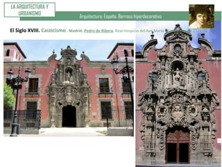 Arquitectura: España. Barroco hiperdecorativo
LA ARQUITECTURA Y
URBANISMO
El Siglo XVIII. Casticismo . Madrid. Pedro de Ribera. Real Hospicio del Ave María y San Fernando 1721-26
 