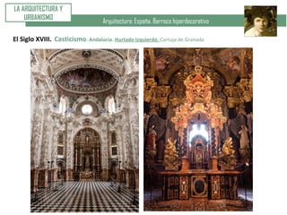 Arquitectura: España. Barroco hiperdecorativo
LA ARQUITECTURA Y
URBANISMO
El Siglo XVIII. Casticismo. Andalucía. Hurtado Izquierdo. Cartuja de Granada
 