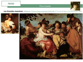 Pintura Española
PINTURA
Los Grandes maestros. Velázquez. Primera Etapa madrileña (1623-28). El Triunfo de Baco o Los Borrachos. 1626
 