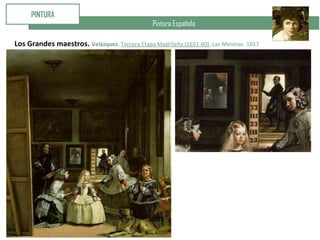 Pintura Española
PINTURA
Los Grandes maestros. Velázquez. Tercera Etapa Madrileña (1651-60). Las Meninas. 1657
 