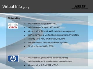 Virtual Info 2011

   Networking

                   routre séria Catalyst 800 - 7600
                   switche séria Catalyst 2900 – 6500
                   wireless séria Aironet, WLC, wireless management
                   VoIP séria Voice a Unified Communications, IP telefóny
                   security séria ASA, IOS firewall, IPS, NAC
                   SAN séria MDS, switche pre blade systémy
                   DC séria Nexus 1000 - 7000



                   routre séria A (modulárne a nemodulárne)
                   switche séria A a E (modulárne a nemodulárne)
                   wireless série A,E a V (AP a WLC)
 