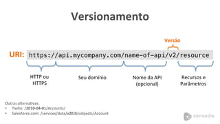 Versionamento 
Versão 
URI: 
https://api.mycompany.com/name-of-api/v2/resource! 
HTTP 
ou 
HTTPS 
Seu 
domínio 
Nome 
da 
API 
(opcional) 
Recursos 
e 
Parâmetros 
Outras 
alternaMvas: 
• Twilio: 
/2010-­‐04-­‐01/Accounts/ 
• Salesforce.com: 
/services/data/v20.0/sobjects/Account 
 