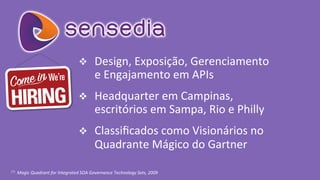 v Design, 
Exposição, 
Gerenciamento 
e 
Engajamento 
em 
APIs 
v Headquarter 
em 
Campinas, 
escritórios 
em 
Sampa, 
Rio 
e 
Philly 
v Classificados 
como 
Visionários 
no 
Quadrante 
Mágico 
do 
Gartner 
(*) 
Magic 
Quadrant 
for 
Integrated 
SOA 
Governance 
Technology 
Sets, 
2009 
 