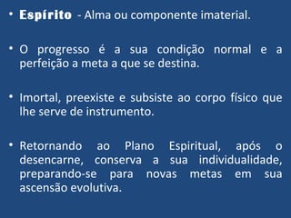 Espírito  - Alma ou componente imaterial. O progresso é a sua condição normal e a perfeição a meta a que se destina. Imortal, preexiste e subsiste ao corpo físico que lhe serve de instrumento. Retornando ao Plano Espiritual, após o desencarne, conserva a sua individualidade, preparando-se para novas metas em sua ascensão evolutiva. 
