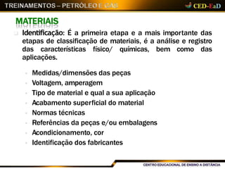 MATERIAIS
 Identificação: É a primeira etapa e a mais importante das
etapas de classificação de materiais, é a análise e registro
das características físico/ químicas, bem como das
aplicações.
 Medidas/dimensões das peças
 Voltagem, amperagem
 Tipo de material e qual a sua aplicação
 Acabamento superficial do material
 Normas técnicas
 Referências da peças e/ou embalagens
 Acondicionamento, cor
 Identificação dos fabricantes
 