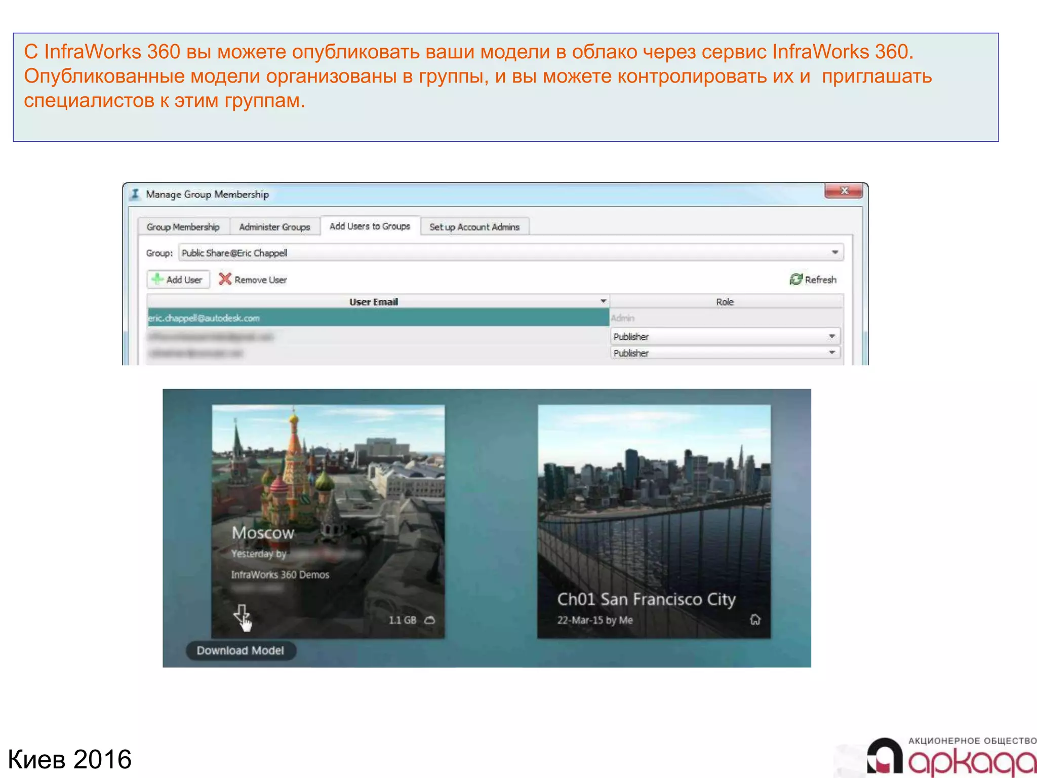 Киев 2016
С InfraWorks 360 вы можете опубликовать ваши модели в облако через сервис InfraWorks 360.
Опубликованные модели организованы в группы, и вы можете контролировать их и приглашать
специалистов к этим группам.
 