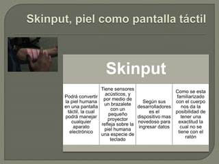 Skinput
Podrá convertir
la piel humana
en una pantalla
táctil, la cual
podrá manejar
cualquier
aparato
electrónico
Tiene sensores
acústicos, y
por medio de
un brazalete
con un
pequeño
proyector
refleja sobre la
piel humana
una especie de
teclado
Según sus
desarrolladores
es el
dispositivo mas
novedoso para
ingresar datos
Como se esta
familiarizado
con el cuerpo
nos da la
posibilidad de
tener una
exactitud la
cual no se
tiene con el
ratón
 