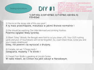 DIY #1DIY #1Strategy+procedure
1) Which strategy is it? [domestication
(D) vs foreignization (F)]
2) Which procedure is it? [direct transfer
(DT) /omission (O)/compensation
(C)/shift: equivalent (EQ) or explanation
(EX)]
1) You're on the Jersey side of this cess pool !
A ty masz przechlapane, mieszkasz w jakimś Bronxie normalnie !
2) She should be watching The Little Mermaid and drinking Yoohoo.
Powinna oglądać Małą Syrenkę.
3) Elbert "Ickey" Woods, the Bengals were fool to cut you down a 91. Your 1525 rushing
yards and your 27 touchdowns will not be forgotten. So, coach Dave Shula, screw you and
your crappy steakhouse!
Ickey, nie powinni cię wyrzucać z drużyny.
4) Canada, can we ? Cheap meds !
Szwajcaria, możemy ? Te kliniki !
5) I heard Tom Wolfe is speaking at Lincoln Center.
W radio mówili, że Clinton ma jakiś odczyt w Narodowym.
1) D/F+EQ; 2) D/F+DT&O; 3) F+DT&O; 4)D+EQ; 5)
F/D+EQx2
 