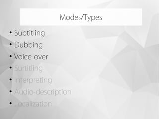 
Subtitling

Dubbing

Voice-over

Surtitling

Interpreting

Audio-description

Localization
Modes/Types
 