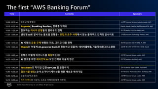 © 2025, Amazon Web Services, Inc. or its affiliates. All rights reserved.
The first “AWS Banking Forum”
Time Contents Speakers
09:30-10:00 am 등록과 데모 부스 관람, 그리고 네트워킹
10:00-10:10 am 오프닝 및 환영사 노경훈 Financial Services Industry Leader, AWS
10:10-10:50 am Keynote | Breaking Barriers, 한계를 넘어서 Charith Mendis, Head of AWS Banking GTM, AWS
10:50-11:25 pm 진보하는 아시아 은행들의 클라우드 전략 김나영 Head of FSI GTM Korea, AWS
11:25-12:00 pm 생성형 AI로 앞서가는 글로벌 은행들 - 유럽과 호주 사례에서 찾는 클라우드 전략의 인사이트 구태훈 Executive Technology Partner, AWS
12:00-12:40 pm 점심 및 데모 부스 관람, 그리고 네트워킹
12:40-13:10 pm AI 시대의 금융 규제 변화와 기회, 그리고 대응 전략 장광운 Specialist SIG FSI KR & JP, AWS
13:10-13:40 pm Kbank는 어떻게 AI-powered Bank로 진화하고 있을까: 데이터플랫폼,기술내재화그리고문화 김홍종 테크본부 데이터서비스 팀장, Kbank
13:40-13:55 pm 휴식 및 데모 부스 관람
13:55-14:25 pm 은행은 어떻게 비즈니스를 확장하는가? 고종원 Financial Groups Leader, AWS
14:25-14:55 pm AI 뱅크를 위한 에이전틱 AI 도입 전략과 기술적 접근 허진성 Solutions Architect, AWS
14:55-15:10 pm 휴식 및 데모 부스 관람
15:10-15:40 pm Toss Bank의 작지만 강한 DevOps 팀 운영하기 김동석 DevOps Team Leader, Toss Bank
15:40-16:00 pm 컴포저블 뱅킹: 코어 모더나이제이션을 위한 새로운 패러다임 이의덕 Senior Partner Solutions Architect, AWS
16:00-16:15 pm 오늘의 요약과 정리 고종원 Financial Groups Leader, AWS
16:15-16:30 pm 퀴즈 이벤트와 시상식, 그리고 서베이와 함께 마무리 고종원 Financial Groups Leader, AWS
 
