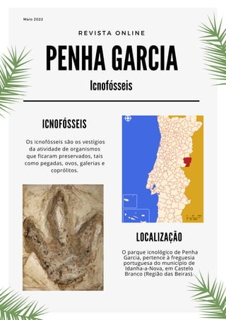 PENHA GARCIA
Icnofósseis
R E V I S T A O N L I N E
Maio 2022 

ICNOFÓSSEIS
Os icnofósseis são os vestígios
da atividade de organismos
que ficaram preservados, tais
como pegadas, ovos, galerias e
coprólitos.
LOCALIZAÇÃO
O parque icnológico de Penha
Garcia, pertence à freguesia
portuguesa do município de
Idanha-a-Nova, em Castelo
Branco (Região das Beiras).
 